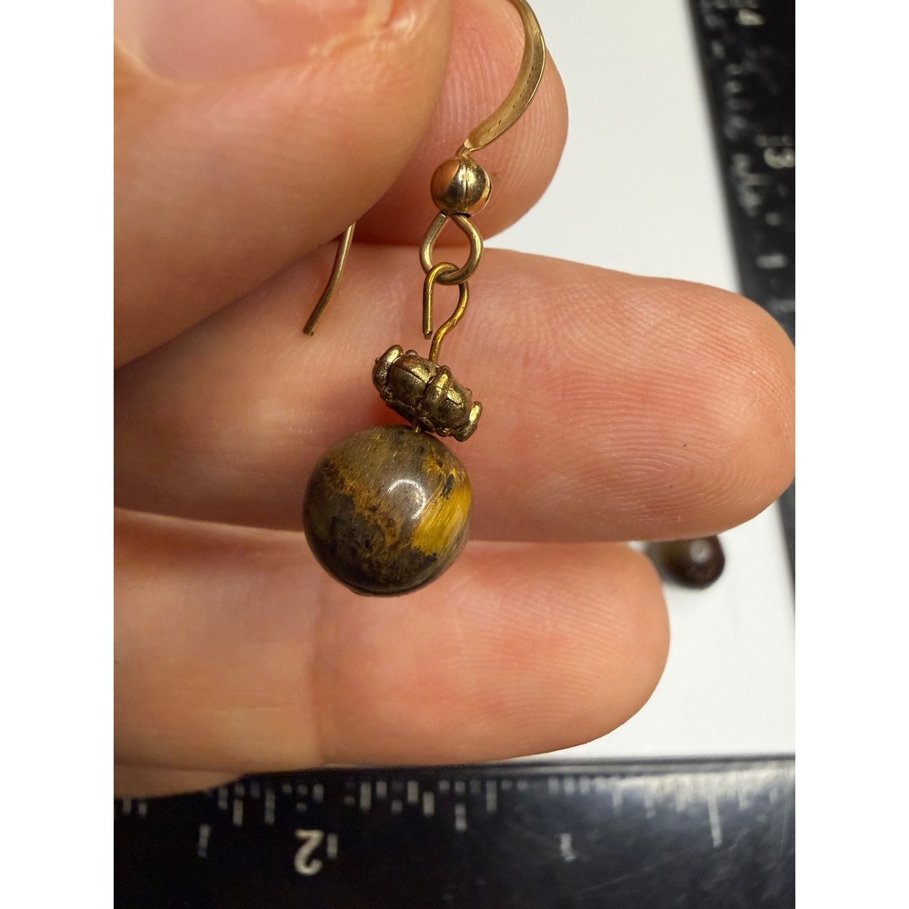 Tigers Eye Round Bead Drop Earrings Gold Tone French Hook Dangle Boho Jewelry